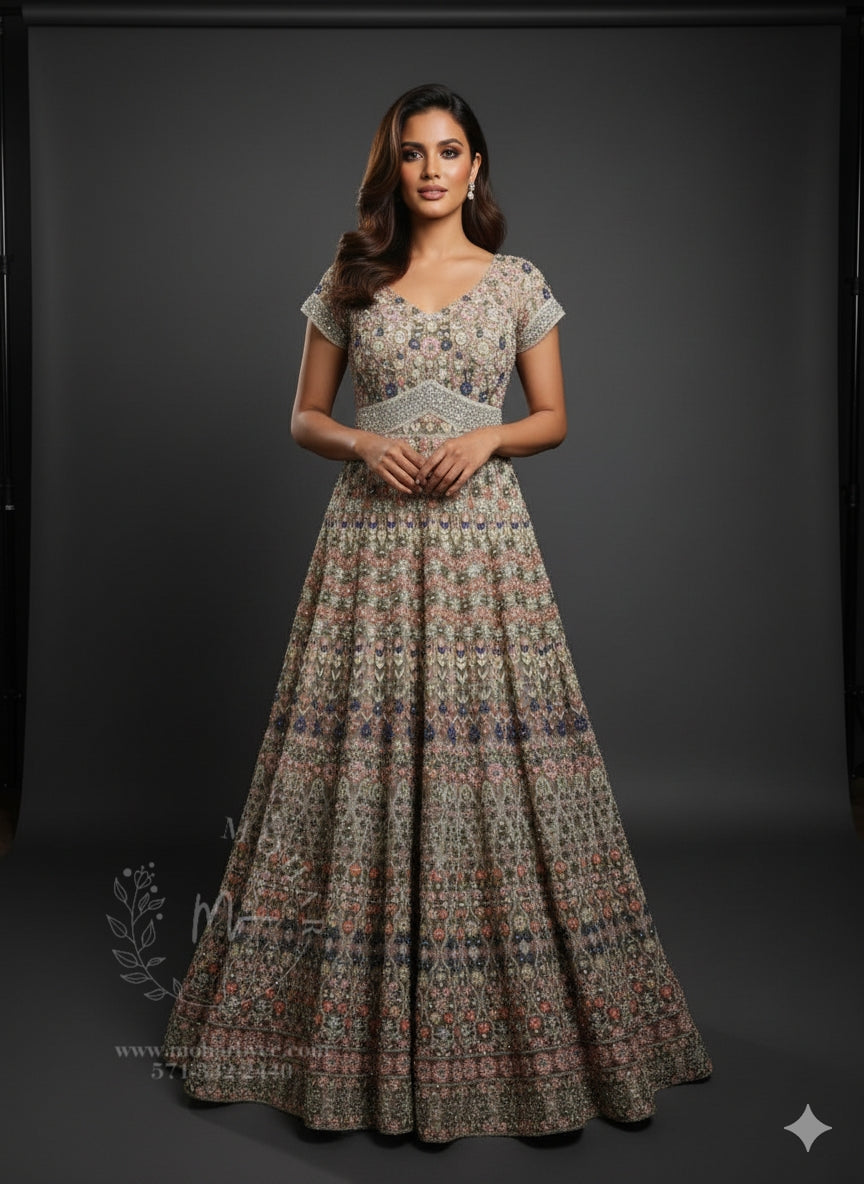 Gold/Olive Base With Pastel Accents Long Gown