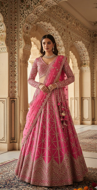Fuchsia Mirror work Bridal Lehenga Set