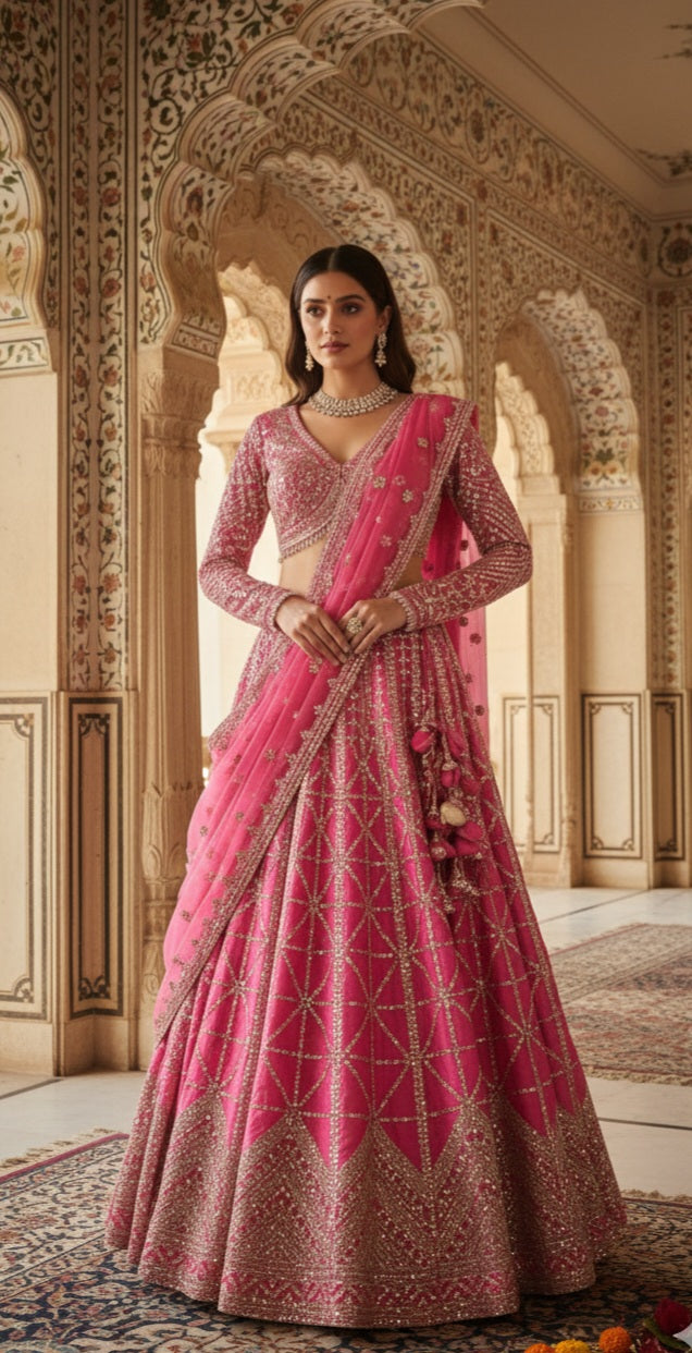Fuchsia Mirror work Bridal Lehenga Set