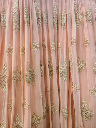 Peach Embroidered Anarkali Gown with Golden Zari Work & Dupatta