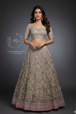 Taupe Embroidered Lehenga Choli Set
