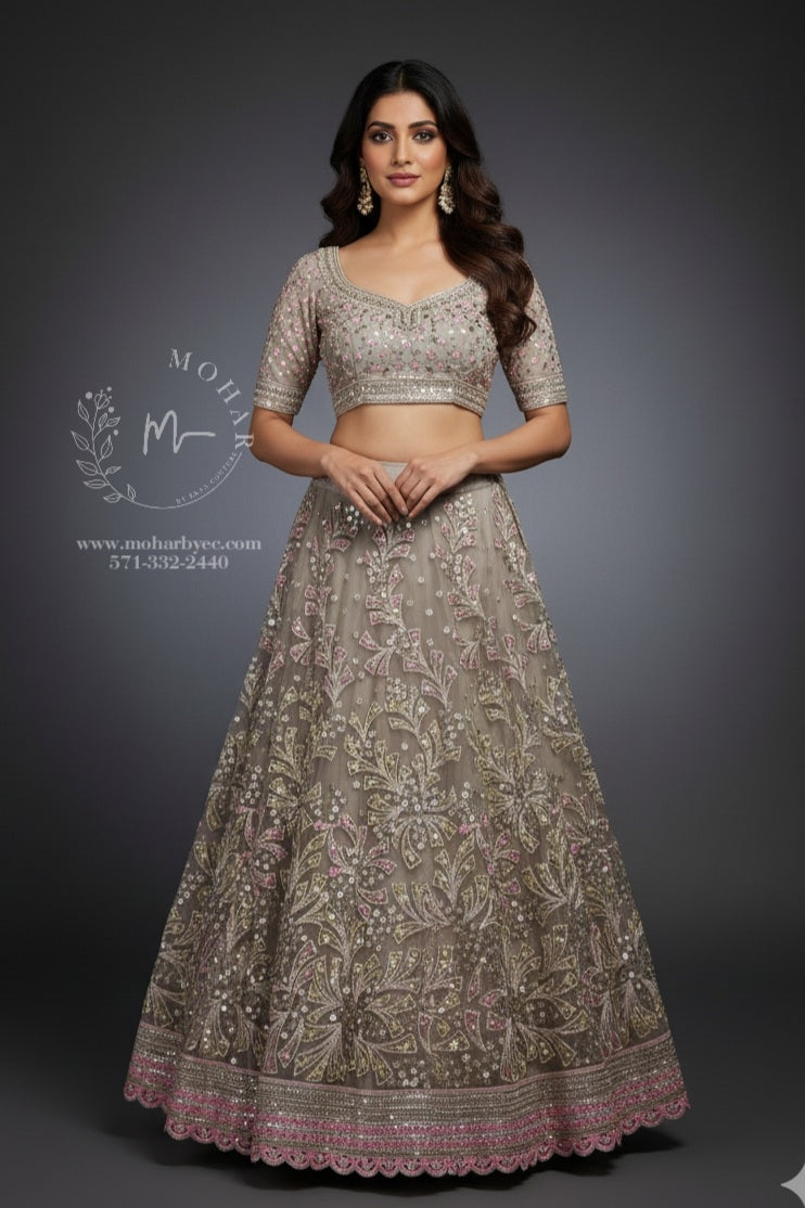 Taupe Embroidered Lehenga Choli Set