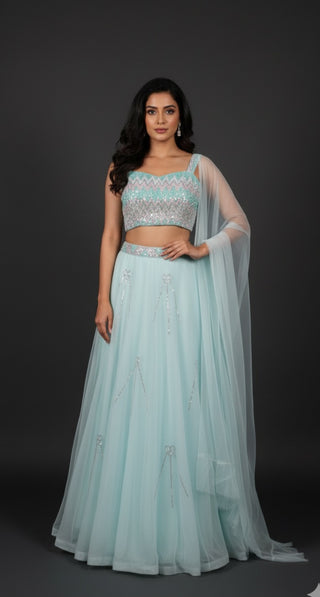 Powder Blue Net Crop Top Skirt
