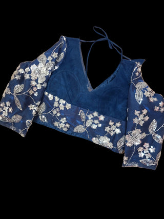 Navy Blue Embroidered Net Pre- Stitched Saree with Cut Out Blouse