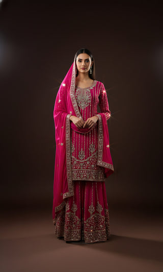 Rani Pink Heavy Embroidered Sharara Suit