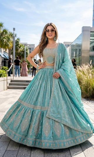 Aqua Tiered Zardozi Lehenga Set