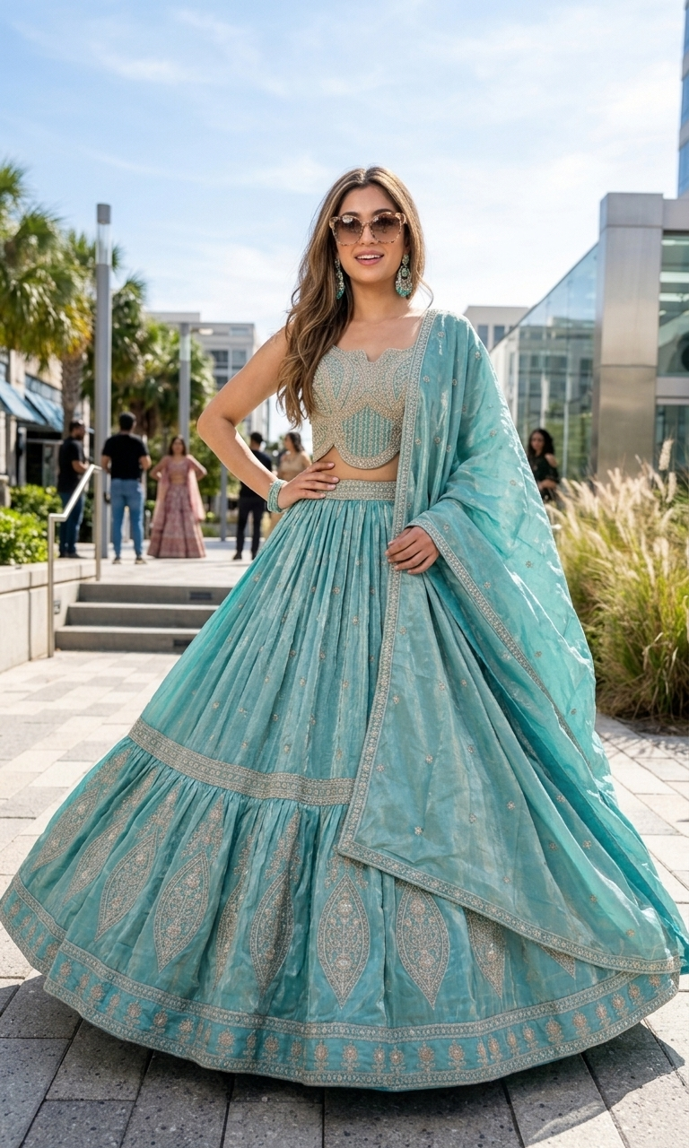 Aqua Tiered Zardozi Lehenga Set