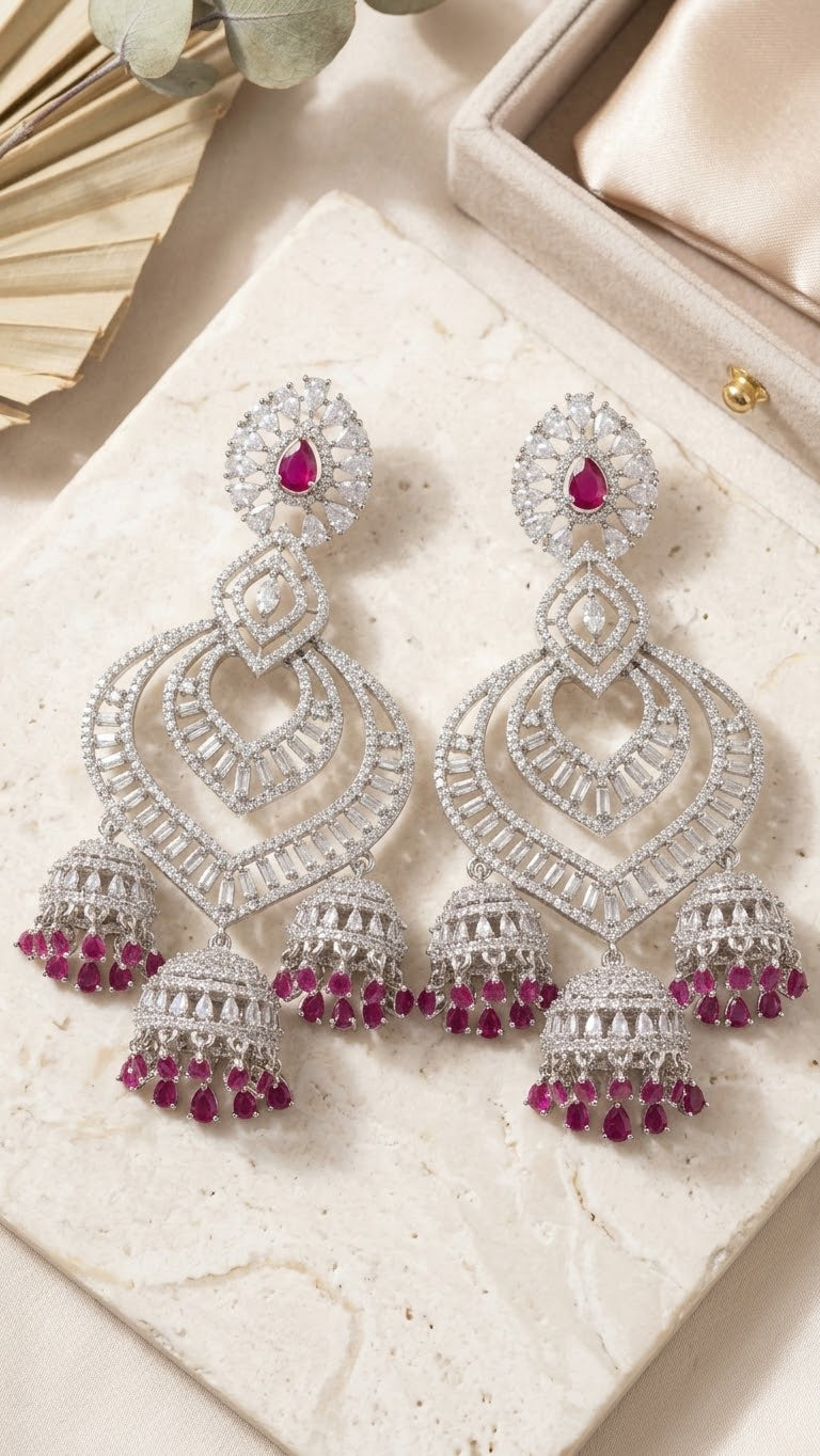 Purple Silver-Tone Chandbali Jhumka Earrings