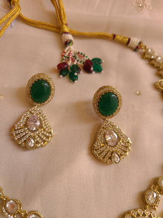 Luxury Bridal Polki Necklace Set with Emerald Stones