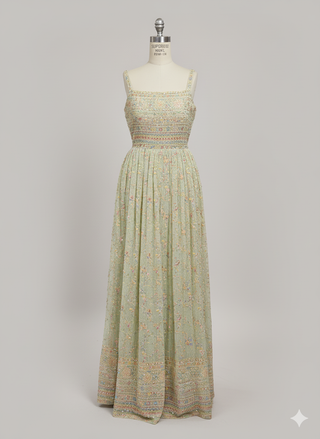 Pastel Mint Green Embroidered Maxi Dress