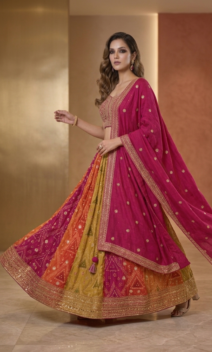 Bandhani Lehenga Set in Rani Pink & Mustard