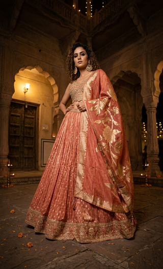 Peach Banarasi Silk Lehenga Set