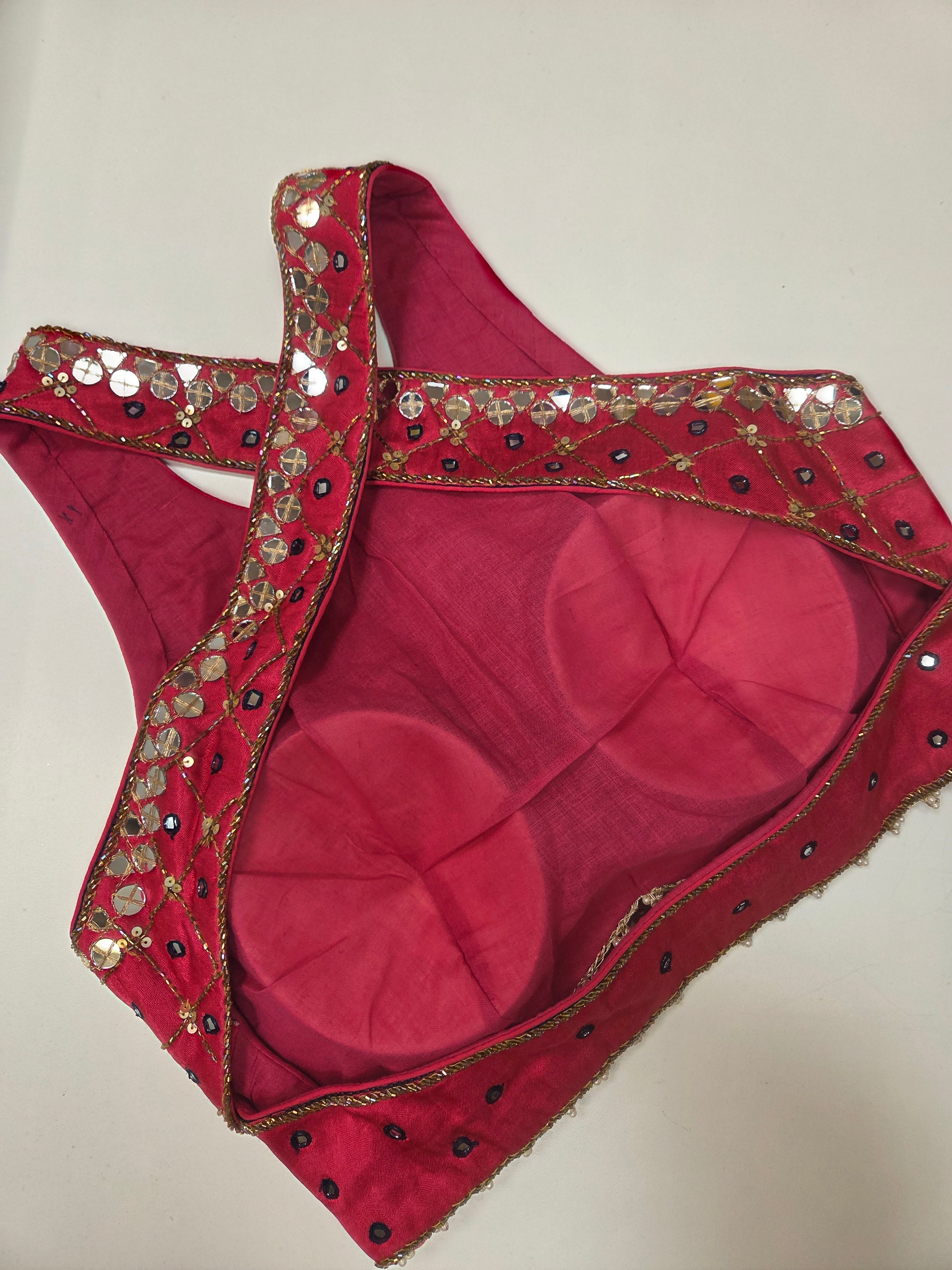 Navy Blue Floral Print Lehenga Set with Pink Halter Choli & Red Banarasi Dupatta