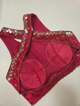 Navy Blue Floral Print Lehenga Set with Pink Halter Choli & Red Banarasi Dupatta