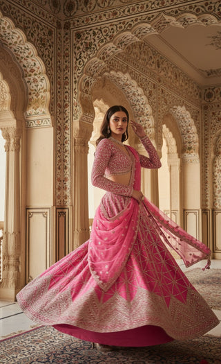 Fuchsia Mirror work Bridal Lehenga Set