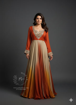 Beige-Golden Ombre Anarkali Gown