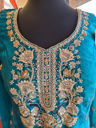 Teal Blue Embroidered Silk Sharara Suit