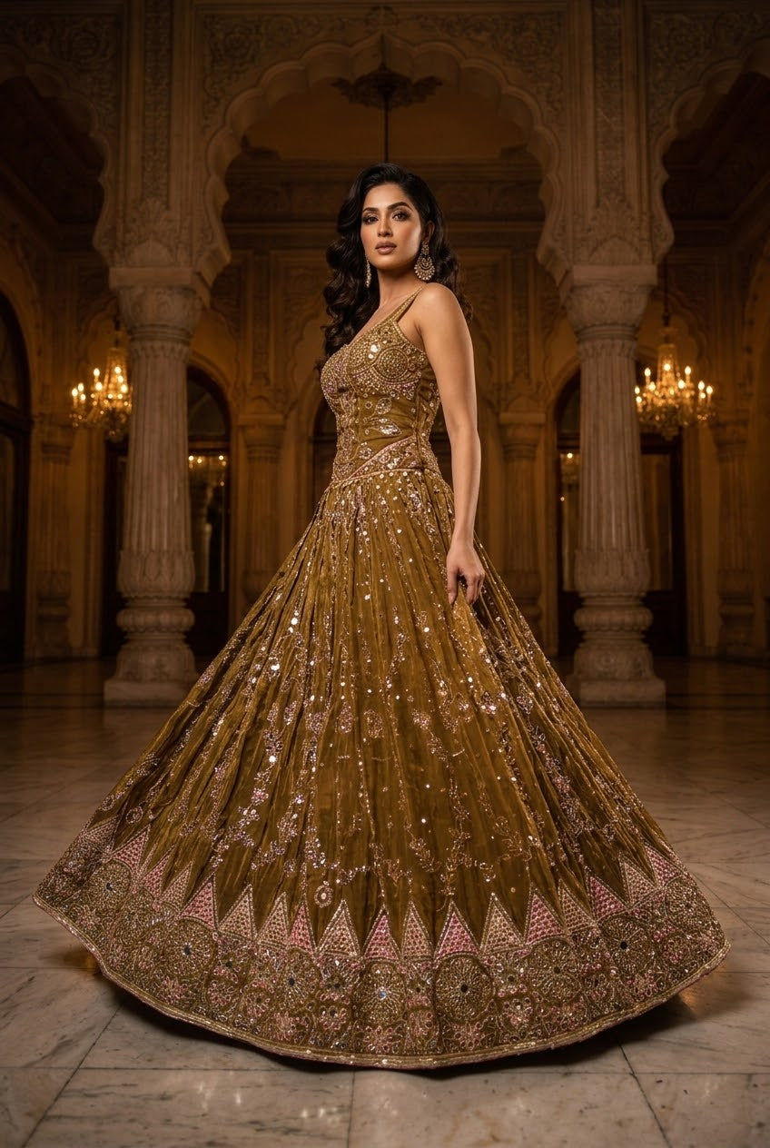 Olive Gold Corset Lehenga