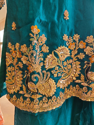 Teal Blue Embroidered Silk Sharara Suit