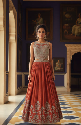 Burnt Orange Corsette Blouse Lehenga