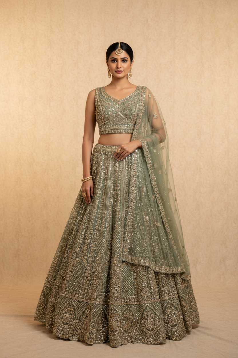 Sage Green Lehenga Front Pose