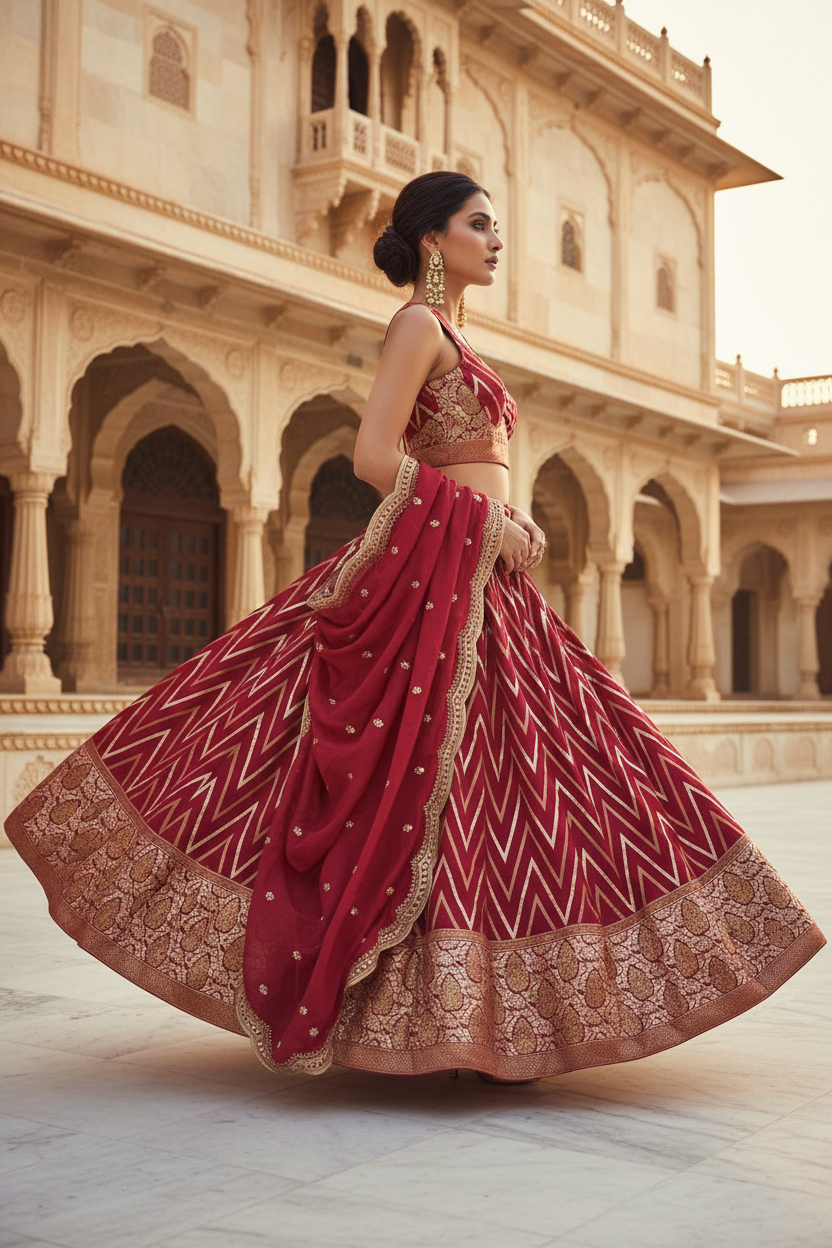 Side Pose – Crimson Chevron Lehenga