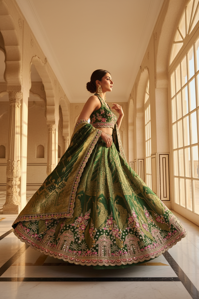 Side Pose – Green Banarasi Lehenga