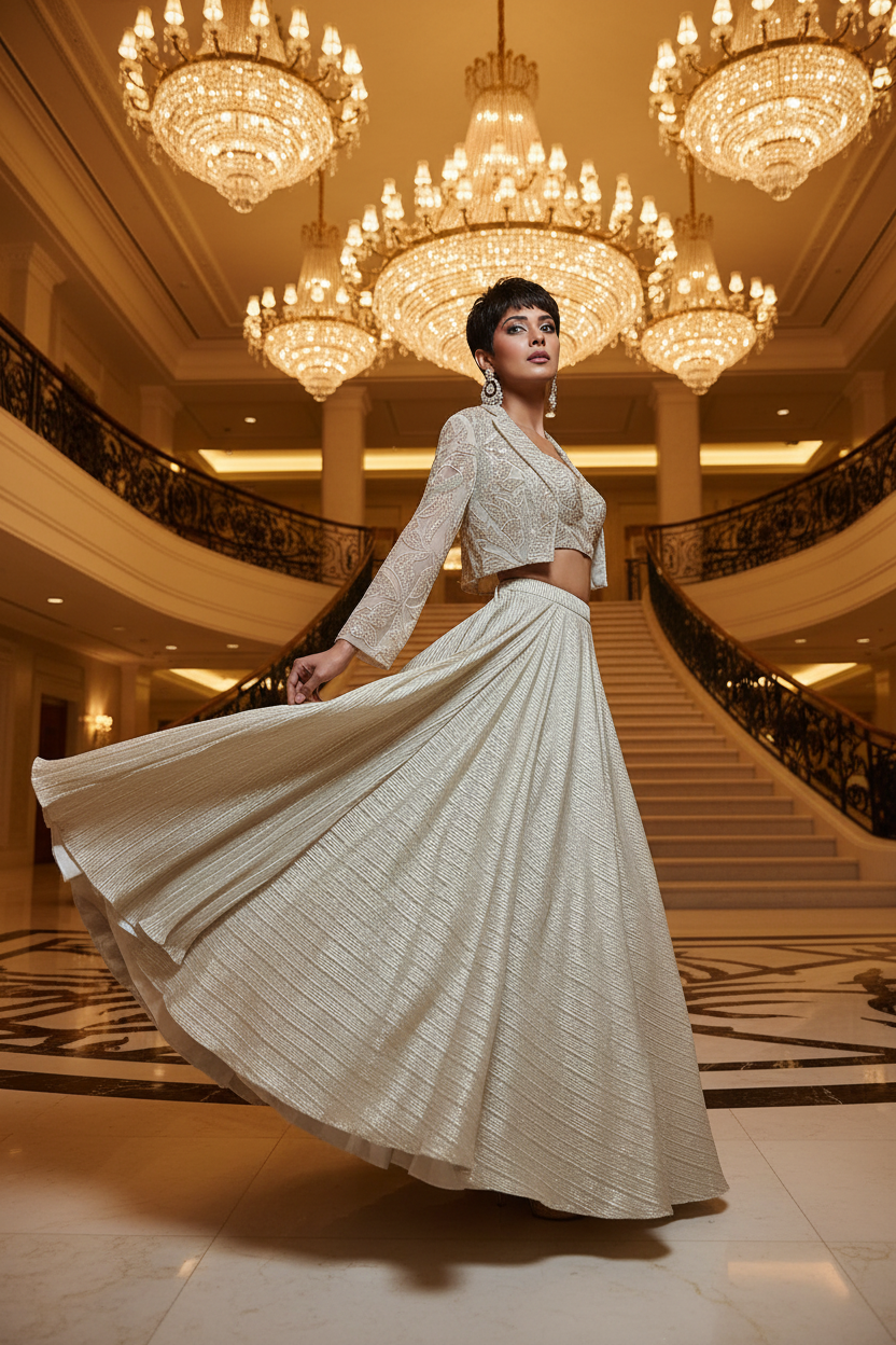Side Pose – Ivory Gold Lehenga