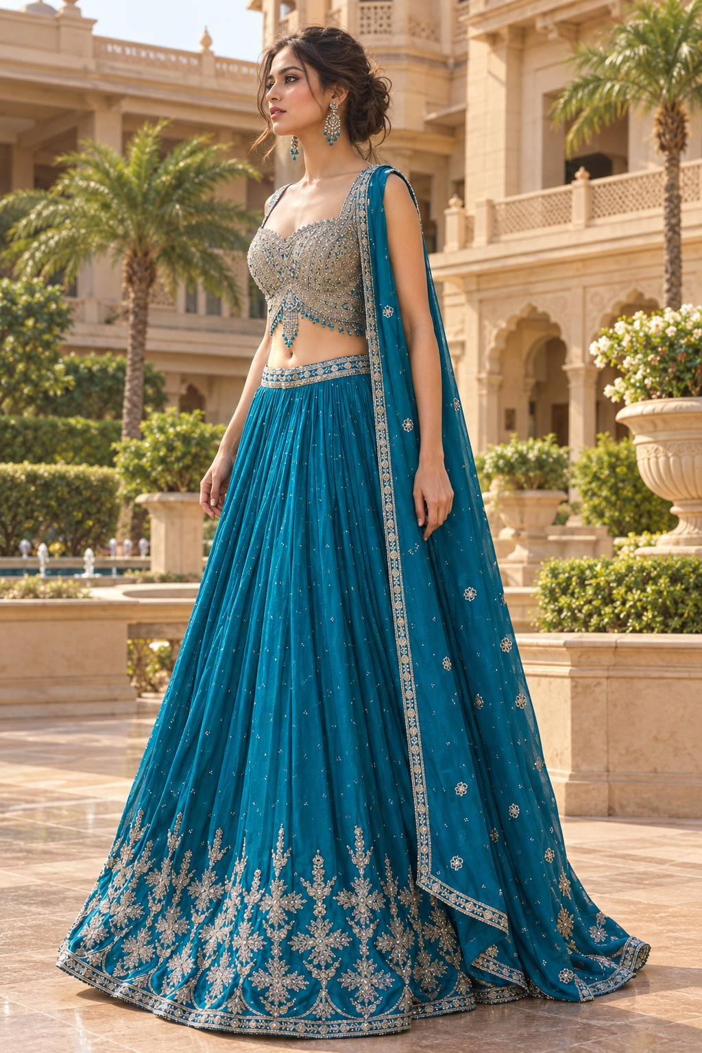 Side view of teal lehenga