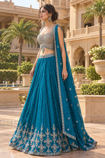 Teal Silver Embroidered Lehenga