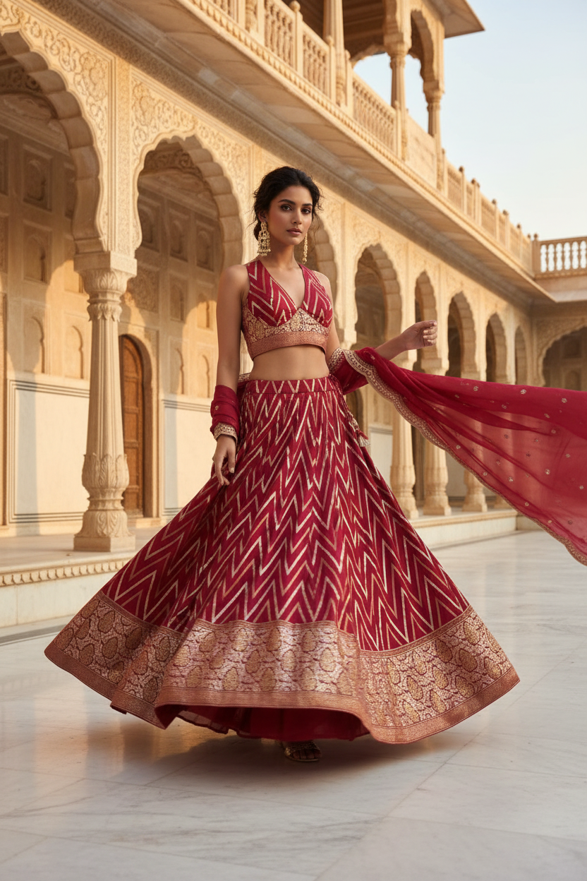 Walking Pose – Crimson Chevron Lehenga