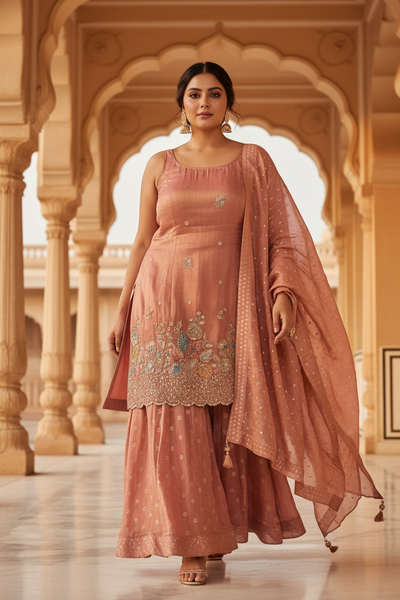 Dusty Rose Embroidered Sharara Set