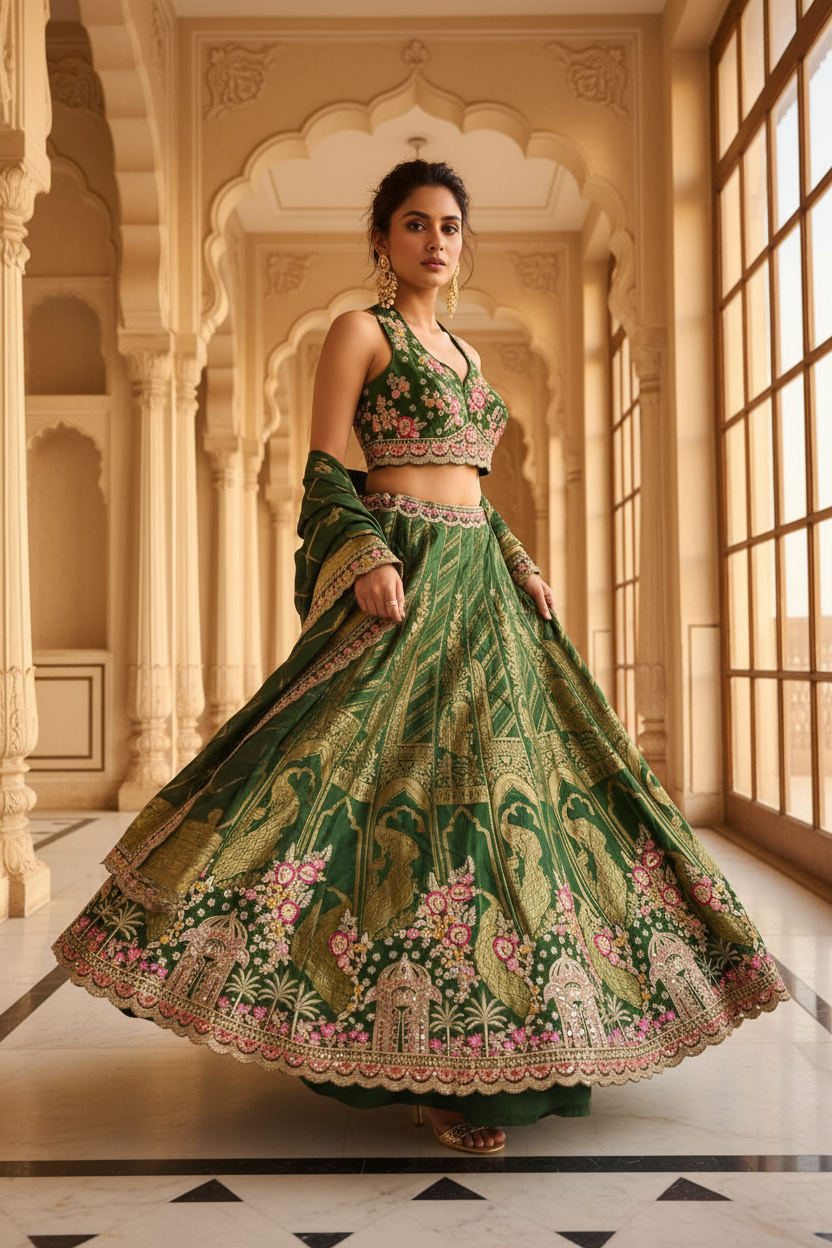 Walking Pose – Green Banarasi Lehenga