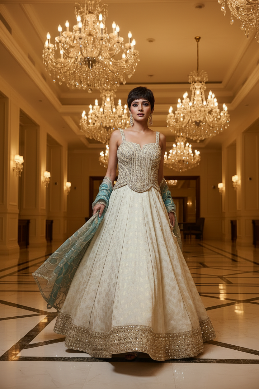Walking Pose – Ivory Corset Lehenga