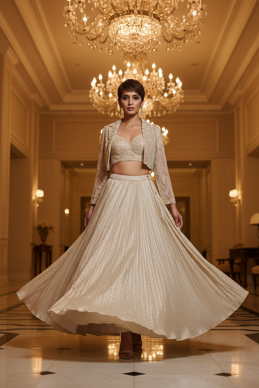 Walking Pose – Ivory Gold Lehenga
