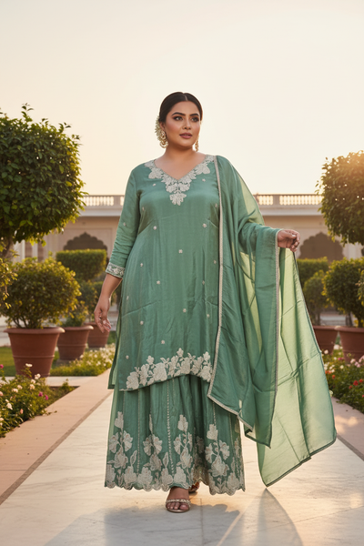 Sage Silk Embroidered Sharara Set