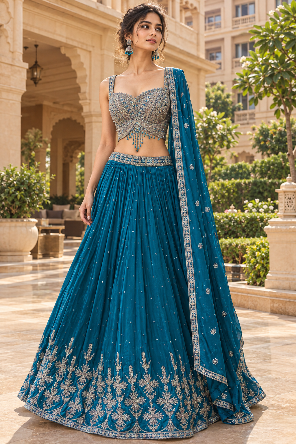 Walking view of teal lehenga