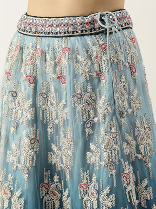 Thread and sequin embroidered teal Lehenga