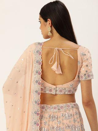 Georgette Sequence and crystal embroidered pretty peach Lehenga