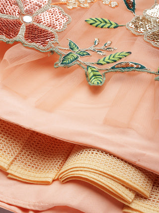 Peach multicolor floral Sequin embroidered net Lehenga