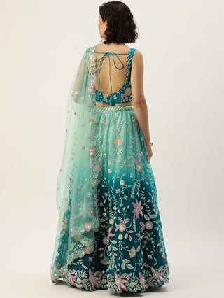 Ombre sea blue green thread work net Lehenga set