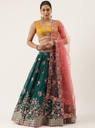 Green & yellow silk sequin and thread embroidered Lehenga choli and pink dupatta