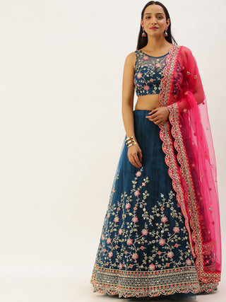Teal mirror and thread work embroidered net Lehenga with pocket