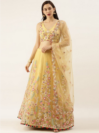 Embroidered bright yellow Net Lehenga set