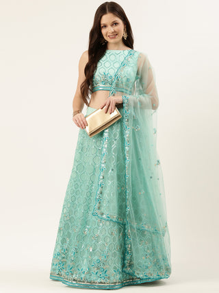 Turquoise blue silver Sequin embroidered Lehenga