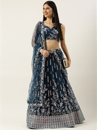 Net Navy Blue Sequin embroidered Lehenga choli