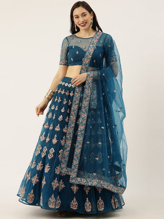 Teal mirror and flower motifs embroidered net Lehenga