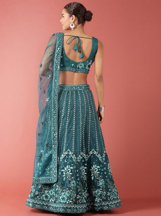Teal net thread and sequin embroidered Lehenga choli