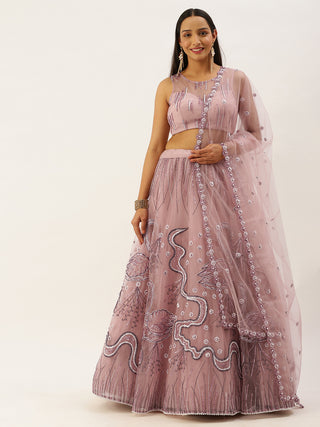 Sequin and pearl embroidered lavender Net Lehenga