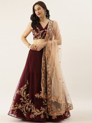 Floral embroidered Burgundy Net Lehenga